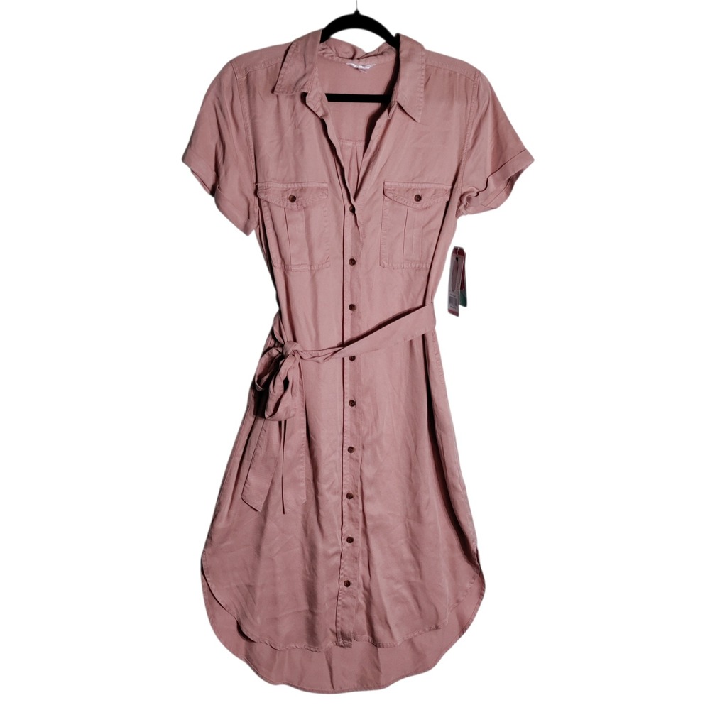 Teddi Rose Terracotta Tencel Lyocell Shirt Dress Button Front Midi Pink Medium